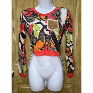 Anthropology Mauve Crop Beaded Pocket Shirt Sweater Abstract Boho Small